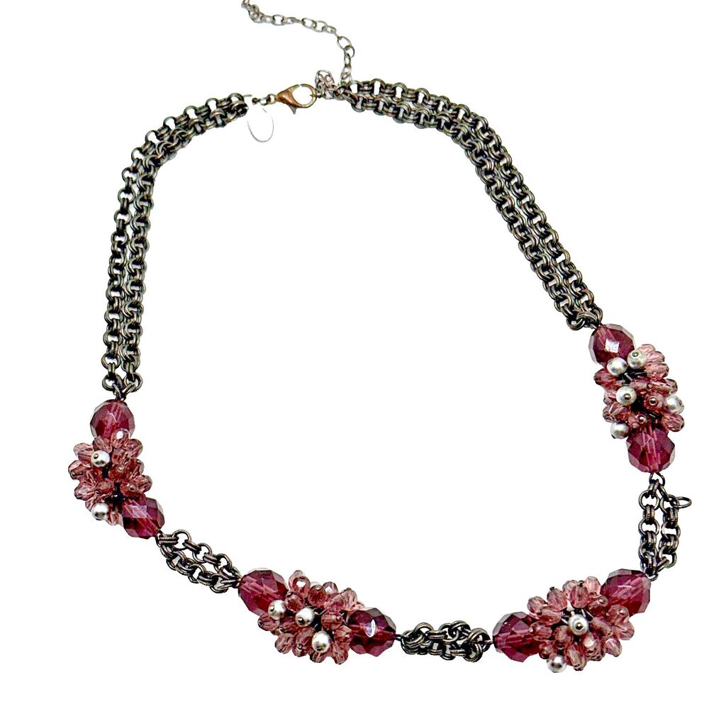 CHERYL REIS Purple Necklace Faceted Glass Cluster Beads Faux Pearls Choker 17"